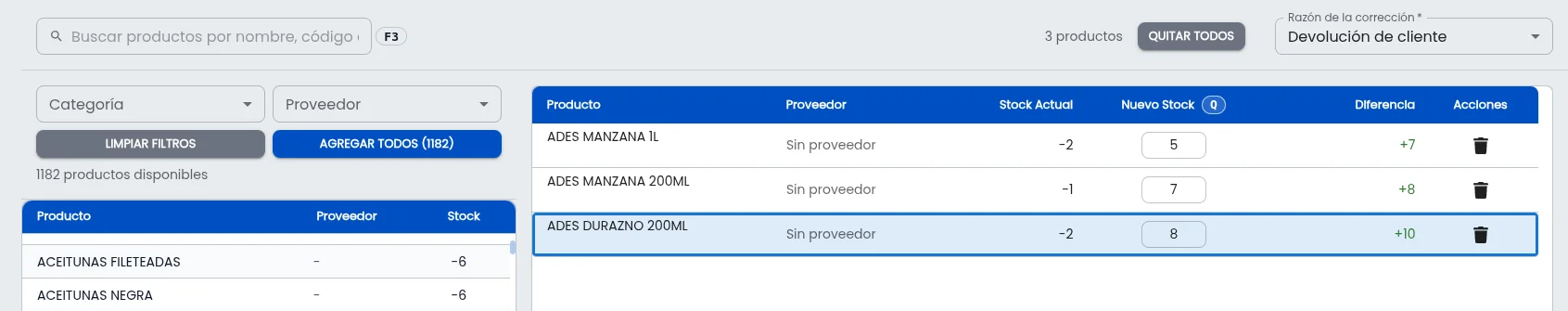 Ajuste de stock con selección de motivo (producto dañado, vencido, pérdida) y cantidad a ajustar