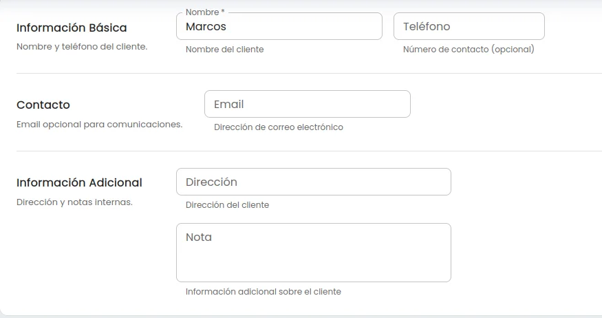 Formulario de alta de cliente con nombre, teléfono, email y dirección opcionales en Gestión Ventas