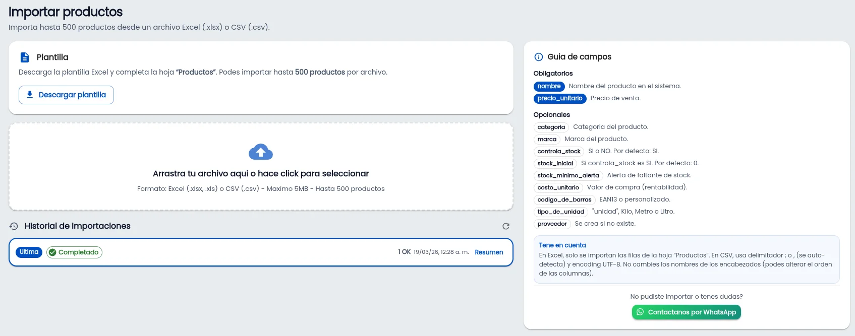 Pantalla de importar productos con zona de carga de archivo y guía de campos